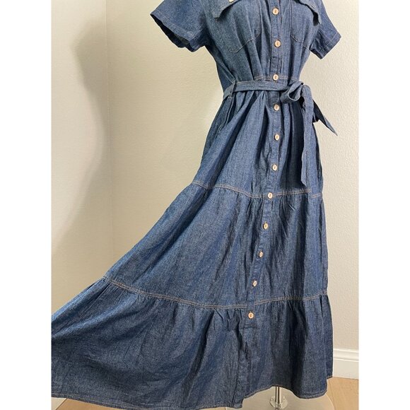 NEW J Gee Womens Small Denim Button Up Tiered Midi Dress Pockets & Belted Waist - Picture 7 of 12